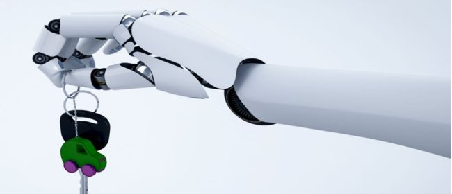 A white robotic hand holding car keys